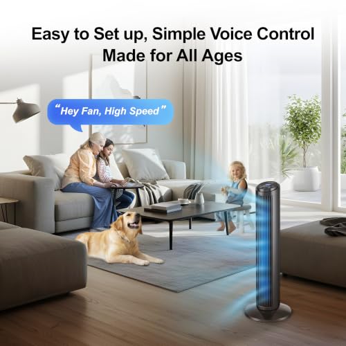 Image of Emerson SmartVoice 29 inch Tower Fan, Wi-Fi Free Voice Control, Smart Tower Fan for Bedroom, 70 Oscillating, 3 Wind Speeds, 15-Hr Timer, Sleep Mode & Remote Control