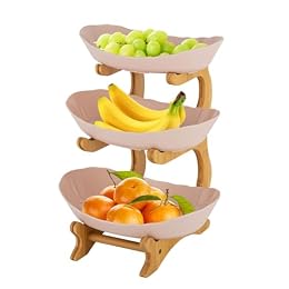 DYRABREST 3 Tier Fruit Basket Fruit Bowl with Bamboo Wood Stand for Kitchen Counter Fruit Stands Snack Dessert Cake Tray Plate Rack Bread Candy Storage Holder for Party Wedding (Beige)
