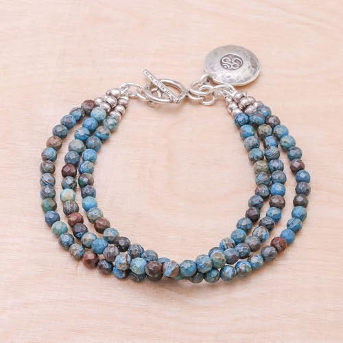 NOVICA Handmade Om Symbol Beaded Bracelet with Blue Brown Jasper Charm Fine Silver Thailand Hill Tribe Birthstone 'Tiny Globes'2