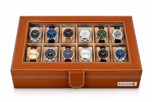 Image of BOXXO 12 Slot Watch Organizer Box for Men & Women - Premium PU Leather Watch Case, Soft Velvet Cushions & Glass Lid Display, Elegant Storage Box - 34x20x8 cm (Tan & Brown (Transparent), 12 Slots)