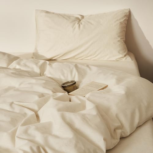 Image of mixinni 3 Piece Washed Cotton Linen Blend Duvet Cover Set King Size, Soft Breathable Farmhouse Beige Neutral Solid Duvet Cover with Natural Linen Texture, 104x90 inches with 2 Pillowcases