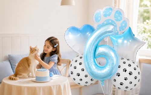 Image of 40 Inch Light Blue Paw Print Number 6 Foil Balloon Dog Cat Themed Set
