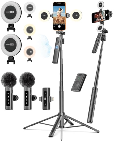 USKEYVISION Vlogging Kit for iPhone&Android, YouTube Starter Kit,Auto Face Tracking Tripod for iPhone w/Light,Phone Tripod for Video Recording,Wireless Lavalier Microphone,Ground Spike,Remote Control