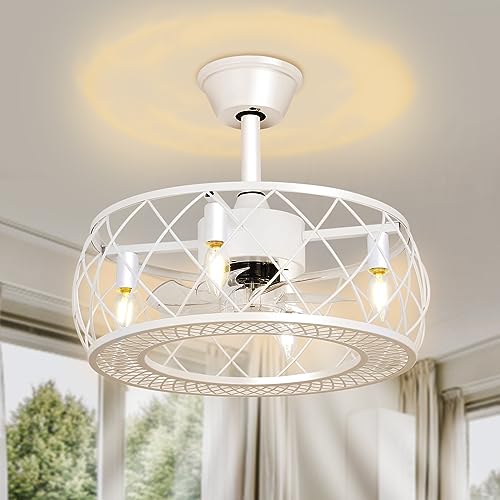 Caged Ceiling Fan With Light And Remote Control, 20" Enclosed Ceiling Fan White, 6-Speed Reversible Motor, Fandelier Ceiling Fan 2In1 Low Profile Ceiling Fan Light Fixtures #TOP7