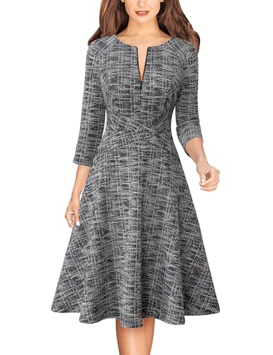 Image of VFSHOW Womens Work Business Front Zipper A-Line Dresses 3 /4 Sleeve Office Church Fit and Flare Skater Swing Knee Length Dress