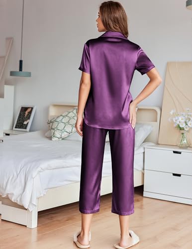 Image of Ekouaer Womens Satin Pajamas Silk Capri Pjs 2 Piece Lounge Sets Short Sleeve Button Down Sleepwear