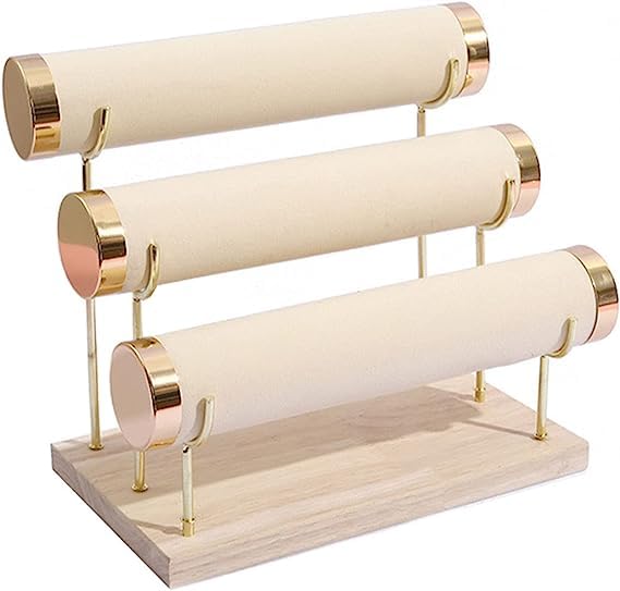 Image of Wooden Metal 3 Roll Gold Metal Chrome Finished Wooden Jewellery Display Stand (Beige)