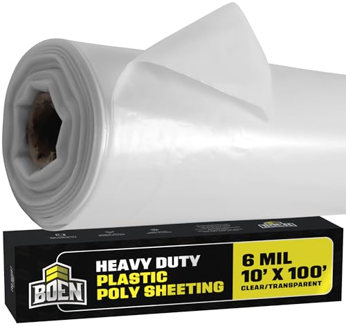 Boen Roll of Plastic Sheeting Heavy Duty - 6 mil - (10' x 100') - 6 Mil Plastic Sheeting - Thick Poly Sheeting Window Covering, Garden Cover, Greenhouse, Drop Cloth, Construction, Dust, Vapor Barrier