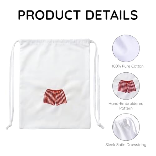 Image of Lingerie Drawstring Bags Set of 3, 15x15 inch, 100% Pure Cotton, Red Embroidery Pattern Pouch for Underwear, Swimwear, Travel Storage, Washable Beach Bags for Men (White)