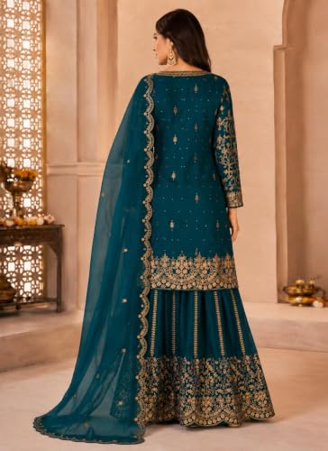 Image of Women's Ethnic Plazzo Suit Set with Kurta & Dupatta | Fendy Fabric Embroidered Kurta Set | Round Neck 3 /4 Sleeve Dress | Elegant Outfit