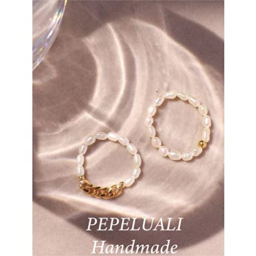 Pepeluali Freshwater Tiny Pearl Rings - Fashion Cultured Baroque Pearl Stackable Rings, Adjustable Stretch Pearl Beaded Cute Ring Gift For Womens Girls #TOP1