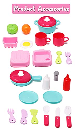ZEKWON ENTERPRISE Plastic Kitchen Set for Kids Girls Cooking Set Pretend Play Toy with Water Tap Light and Sound Toy Battery Operated Kitchen Playset Birthday Gift (26 Pcs Kitchen School Backpack)