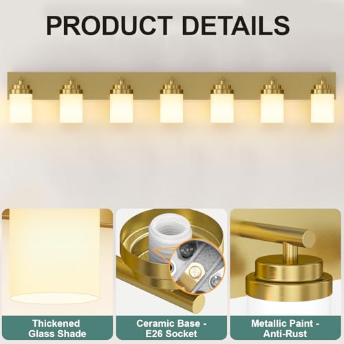 Image of IZORRO Bathroom Vanity Light Fixture, 7-Light 52 inch Gold Bathroom Light Fixtures Over Mirror, with White Glass Shade, Modern Farmhouse Vanity Lights, Rustic Restroom Lighting Fixtures