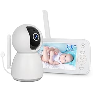 Wqplo 5.0” Babyphone Caméra, PTZ 360°Camera Bebe, Camera Bebe 1080P, Vision Nocturne, Communication Bidirectionnelle, Capteur de Température