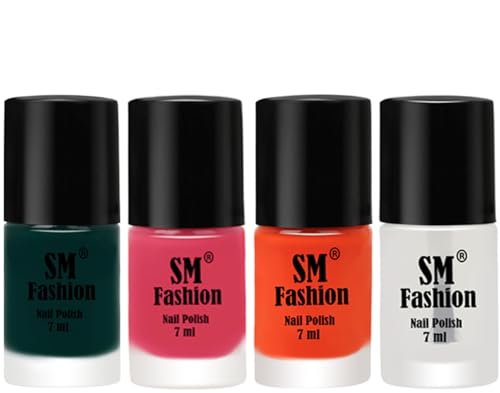 Image of Nail Polish Combo Set (Pack of 4) Quick Dry Gel Finish Nail Paint | Dark Green,Dark Rose Pink,Reddish Orange ,Top Coat | 7 ml Each