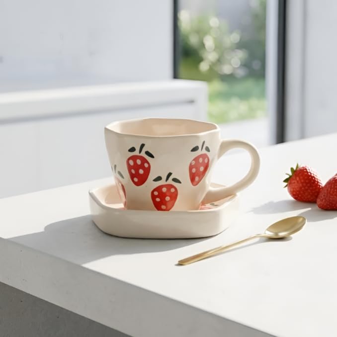 Image of Handcrafted Strawberry Ceramic Mug and Saucer Set, Coffee Mugs & Cups, Coffee Cup and Saucer Set, Ceramic Mugs,250ML