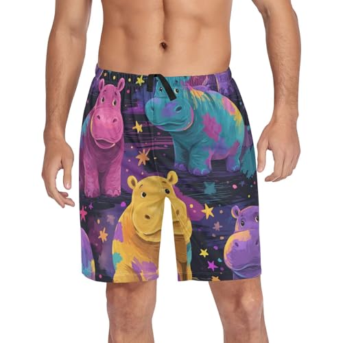 Men's Pajama Shorts Colorful Hippo Pattern Artwork Mens Sleep Pants with Pockets Soft Short Pajama Bottoms