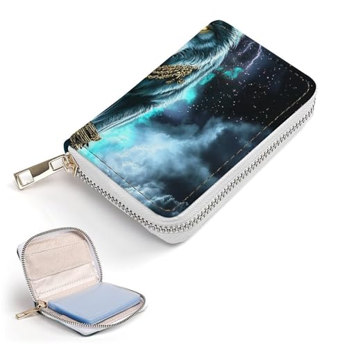 Fashion Small Zipper Wallet for Men Women, Pu Leather Credit Card Holder Bags Cool Lightnings Cyan Wolf Slim Purse with 20 Slots2