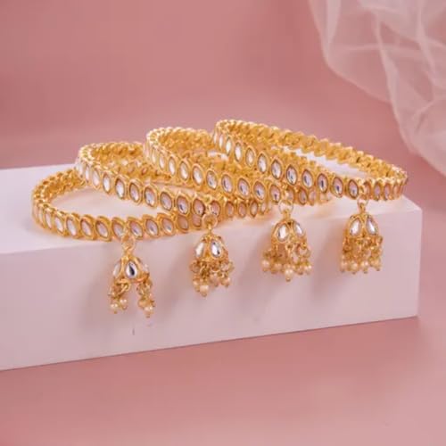 Image of Gold Plated Kundan Bangle Set for Women | Teardrop Stone Bangles with Pearl Beaded Latkan Charm Ethnic Wedding Jewellery | Bangle Set of 4 for Women & Girls