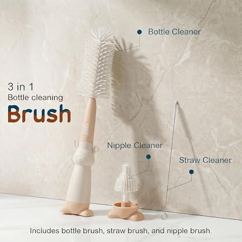 Image of TONY STARK Baby 3-in-1 Silicone Bottle Cleaning Brush Set | 360 Rotatable Handle, BPA-Free Soft Bristles for Cleaning Bottles, Nipples & Pacifiers Safely (Cream)