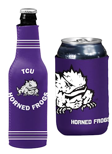 College Team Color Logo Can & Bottle Holder Insulator Beverage Cooler Set (TCU Crest/Logo (Horned Frogs))