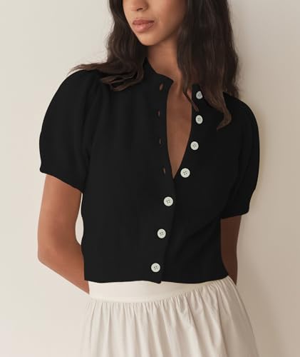Image of Womens Puff Short Sleeve Cardigan Sweaters Cropped Button up Lightweight Y2k Knit Summer Cardigans