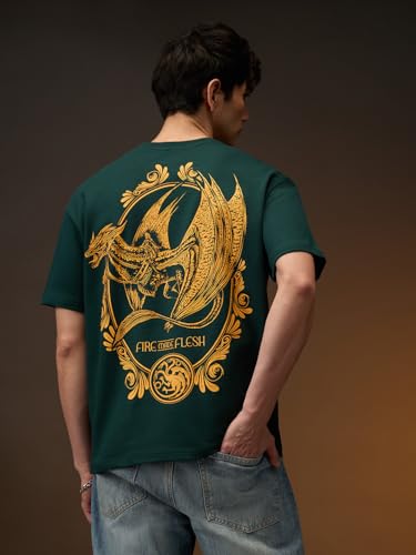 Image of The Souled Store Official House of Dragon: Fire Made Flesh Men and Boys Short Sleeves Round Neck Green Graphic Printed Cotton Oversized T-Shirts