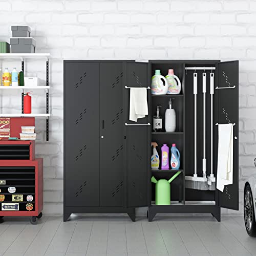 Image of Metal Storage Cabinet with Lock, 71 inch Garage Storage Cabinets with Hanging Rod & S-Hooks, Large Storage Cabinet, Locking Tool Utility Closet, Black