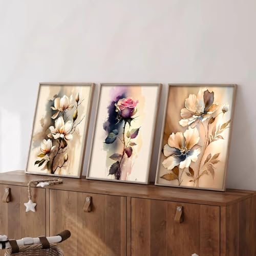 Tableau beige fleur dorée triptyque 75x100cm pour décoration salon