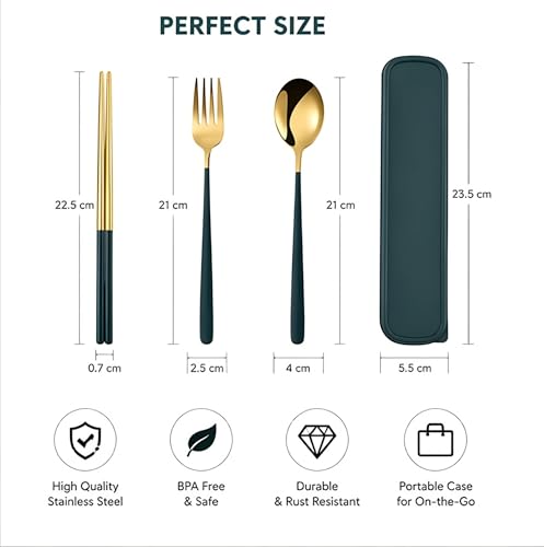 Image of 3 Piece Premium Gold Stainless Steel Chopsticks Fork Spoon Set with Travel Case Non-Slip Dinnerware Cutlery Set Tableware Set for Gift (Gold Green)