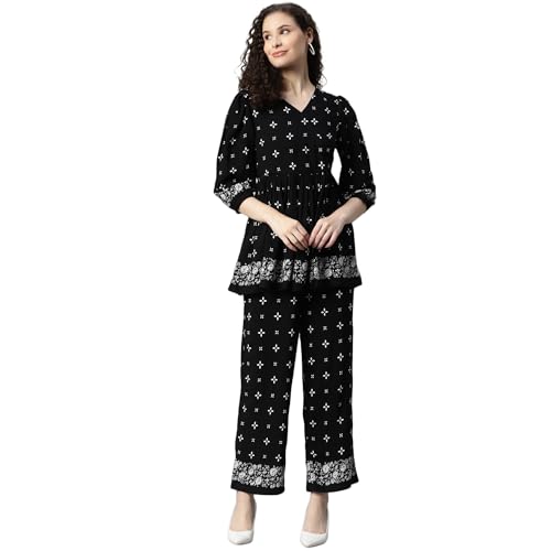 Image of DEEBACO Women's Ethnic Motif Print Rayon Top & Pants Co Ord Set for Women V Neck 3 /4 Puff Sleeve Ladies Party Casual Wear Fashionable for Girls Loose Fit Cord Set (DBCOMR00000981 XL Black)
