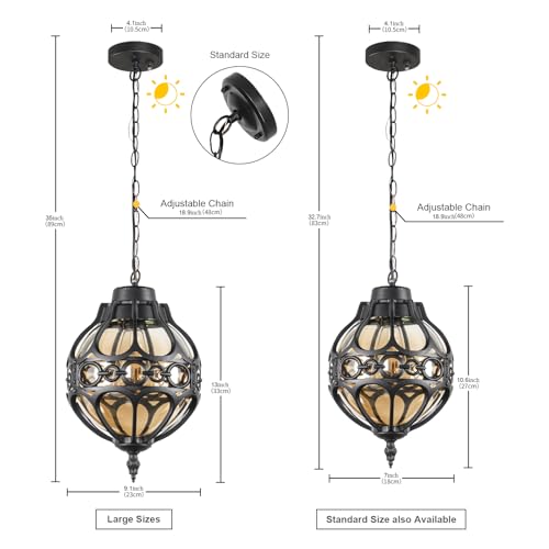 Dusk to Dawn Outdoor Pendant Lighting for Porch, Black Aluminum Anti-Rust Hanging Lights Fixture, Adjustable Globe Outside Lantern Ceiling Mount, Industrial Exterior Chandelier, Amber Glass