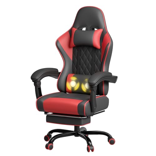 JUMMICO Chaise Gaming Ergonomique, Chaise de Bureau avec Fonction Massage, Fauteuil Gaming avec Repose-Pieds, 150 kg, Rouge