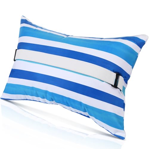 Menkxi 24"x15" Inflatable Beach Pillow with Removable Cover, Beach Chair Backpacking Pillow with Strap Stripe for Summer Sand Pools Travel Vacations(Blue White)