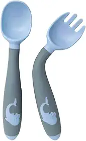 Kit Talher Garfo E Colher Infantil De Silicone Flexível Refeição Treinamento Transição 2 Pçs Introdução Alimentar Para Bebê Criança +6m (Azul)