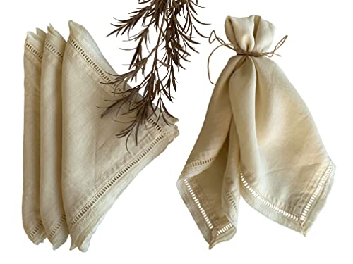 Eight Owls – Linen Napkins – Set of 4 – Hemstitch Fringe Border – 20 x 20 Inch – 100% French Flax – Pure Linen Cloth Dinner Napkins, Rustic Elegance - Raffia