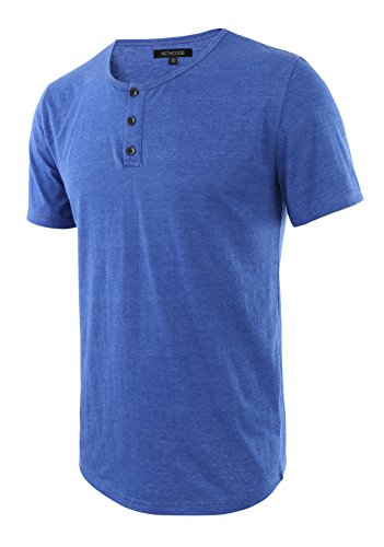 HETHCODE Men's Classic Comfort Soft Regular Fit Short Sleeve Henley T-Shirt Tee Heather Blue L