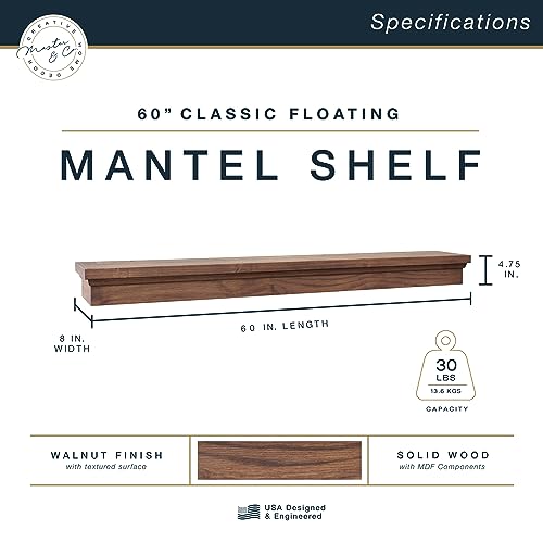 Image of MCS 60-Inch Mantel, Master & Co Walnut Woodgrain Solid Wood Floating Fireplace Mantel, Long Floating Shelf for Livingroom with Wood Cleat Hanging System, Photo and Home Decor Display Shelf