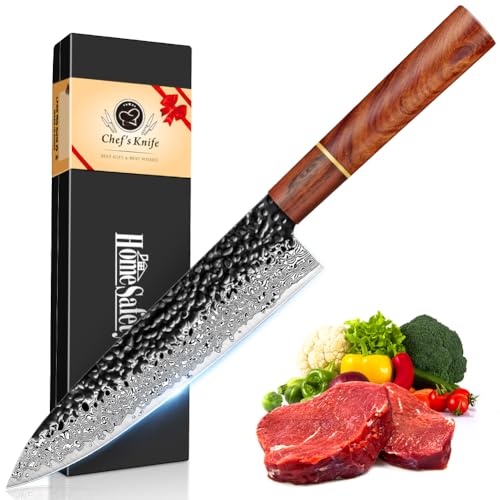 HomeSafety 包丁 牛刀包丁 ダマスカス包丁 刃渡り206mm. プロ用シェフナイフ 洋, キッチン用万能. 手打ち鍛造三徳包丁, 槌目 ダマスカス模様 両刃 左利き用, 錆びにくい67層の高炭素ステンレス鋼 料理. 人間工学に基づく設計&円筒形の