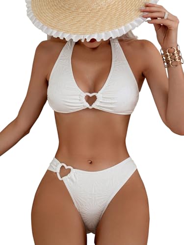 SKAYS Women Heart-Shaped Ring Printed Bikini Two-Piece Set Fashion Sexy Backless Lace-Up Swimsuit Set