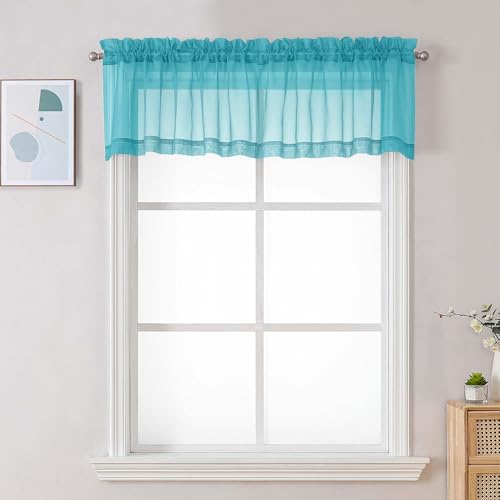 Image of Chyhomenyc Turquoise Sheer Valances for Windows - Light Filtering Small Kitchen Curtains, Rod Pocket Short Top Window Treatment Decor for Living Room Bathroom Basement, 42Wx16L inches, 2 Panels