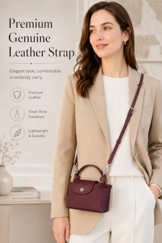 Image of Purse Organizer Insert & Leather Strap Conversion Kit Set, Compatible with Longchamp Le Pliage Mini Bag - Felt Inner Liner & Adjustable Shoulder Strap, Beige Insert & Burgundy Strap