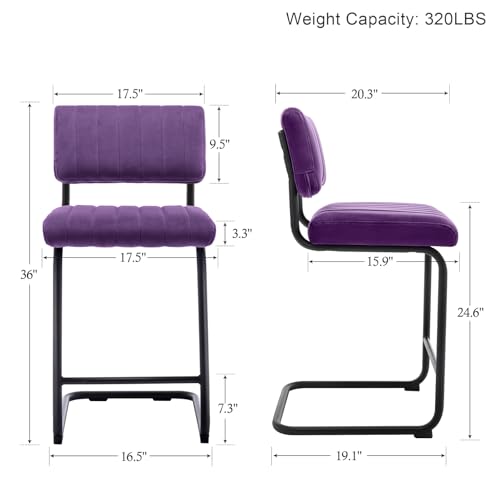 Image of ONEVOG 24.6'' Counter Height Bar Stools Set of 4, Mid-Century Modern Counter Height Cantilever Bar Chairs for Kitchen Island, Upholstered Velvet Fabric Barstools with Back and Matte Metal Legs, Purple