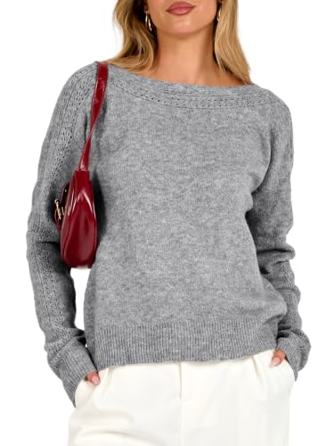 Caracilia Womens Long Sleeve Lightweight Fall Sweaters Boat Neck Grey