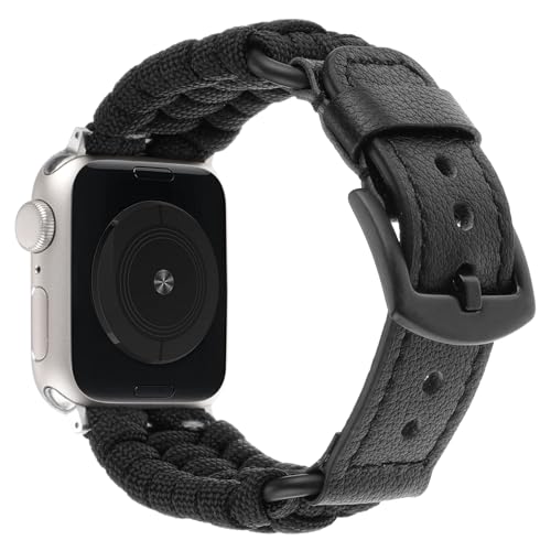 Sufderny Braided Paracord Nylon Bands Compatible with Apple Watch Band 41mm 40mm 38mm 49mm 45mm 44mm 42mm, Dressy Leather Strap Sport Bracelet for iWatch Series 9 8 7 6 5 4 3 2 1 SE Ultra, Black
