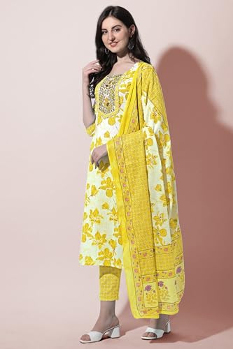 Image of MIRCHI FASHION Pure Cotton Floral Kurta Set for Women with Dupatta & Pant | 3 Piece Straight Fit Ethnic Outfit | Breathable Summer Salwar Suit