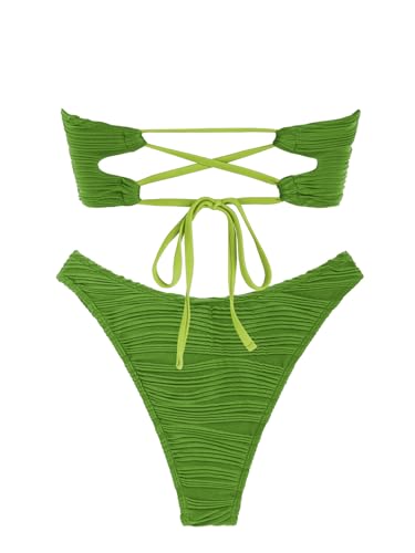 Image of ZAFUL Women Strapless Wave Bandeau Bikini 2 Piece Swimwear Cheeky Solid Lace up Bathing Suits(1-Light Green,M)