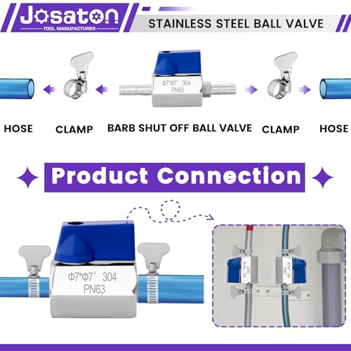 Josaton 1/4" Barb Ball Valve 304 Stainless Steel,Mini Gas 1/4 Inch Shut Off Valve for Water Gas Fuel Drip Irrigation and Aquariums with 2PCS Clamps Kits by Josaton - Image 3