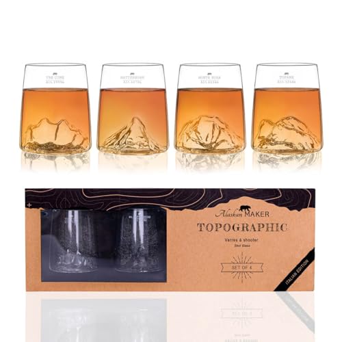 Set von 4 Schnapsgläsern 6,5 cl - Hochwertiges Borosilikatglas, handgefertigt mit Bergrelief | Tulpenform | TOPOGRAPHIC (Tre Cime, Matterhorn, Monte Rosa, Tofane)