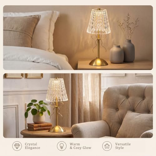 Image of Liliful 2 Pcs Cordless Table Lamp Rechargeable Touch LED Small Gold Portable Battery Operated USB-c Desk Lamp 3 Color Dimmable for Bedroom Living Room Dining (Gold,Classic Style Bow)